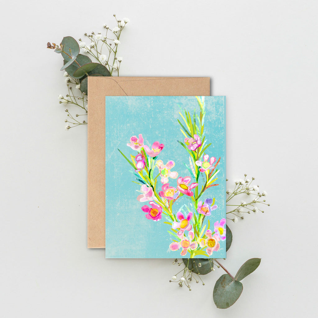 A6 blank notecard of a Geraldton wax flower. Native Australian flowers. Made in Australia and printed using 100% earth friendly materials