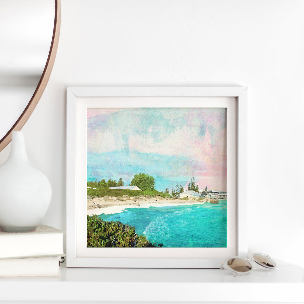 Illustration art print of Bather's Beach in Western Australia with turquoise water, sand dunes, buildings and trees.