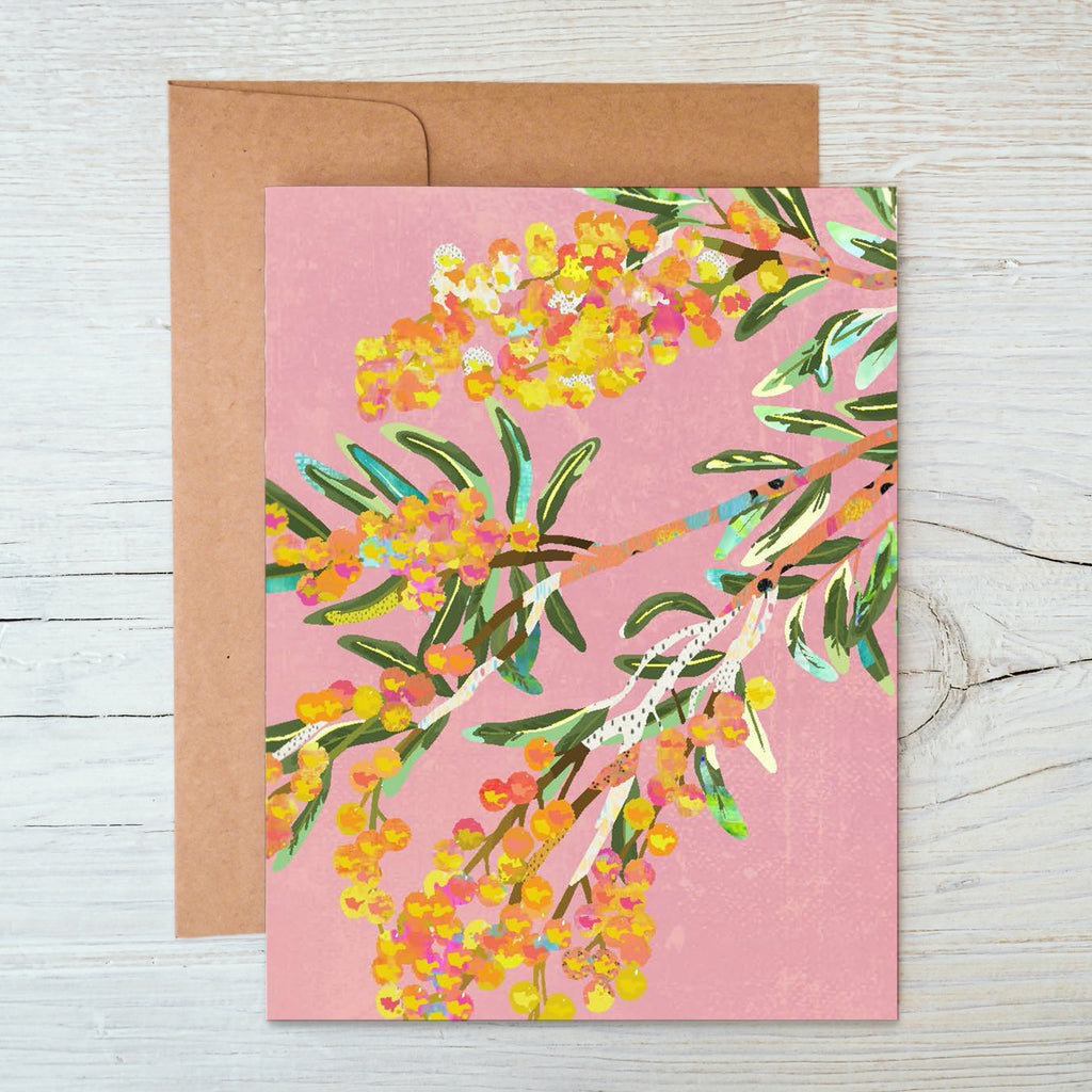 A6 Notecard with a yellow, orange, green Acacia flower illustration on pink background