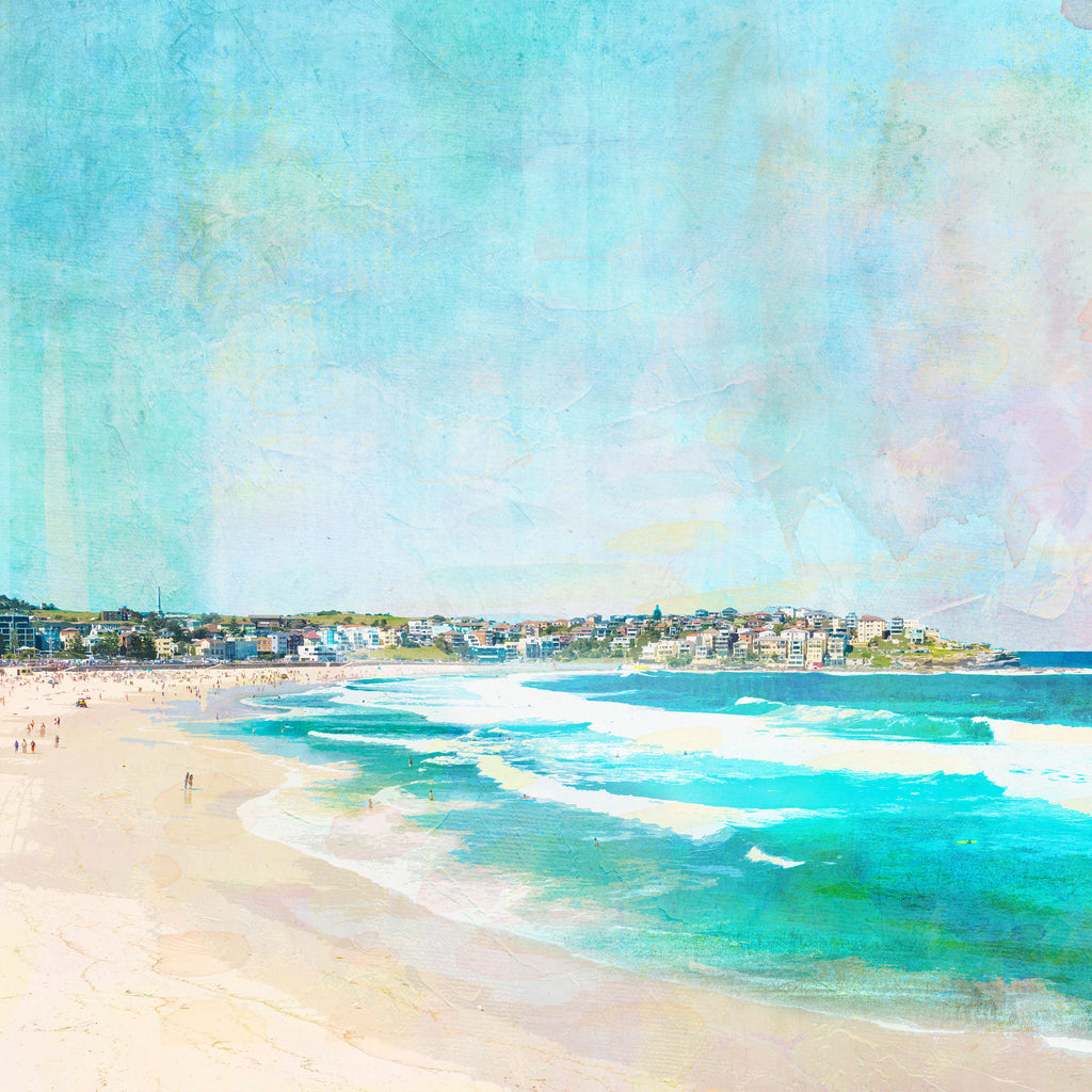 Illustration art print of Bondi Beach in Sydney showing waves and houses on a hill in the background.