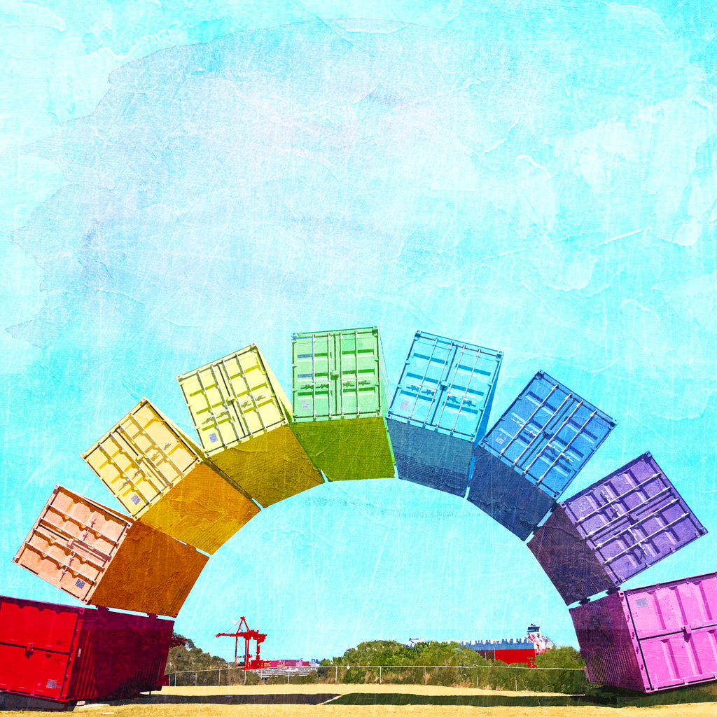 Illustration art print of Fremantle Rainbow Shipping Containers and Fremantle Harbour with cranes and a cargo ship in the background.