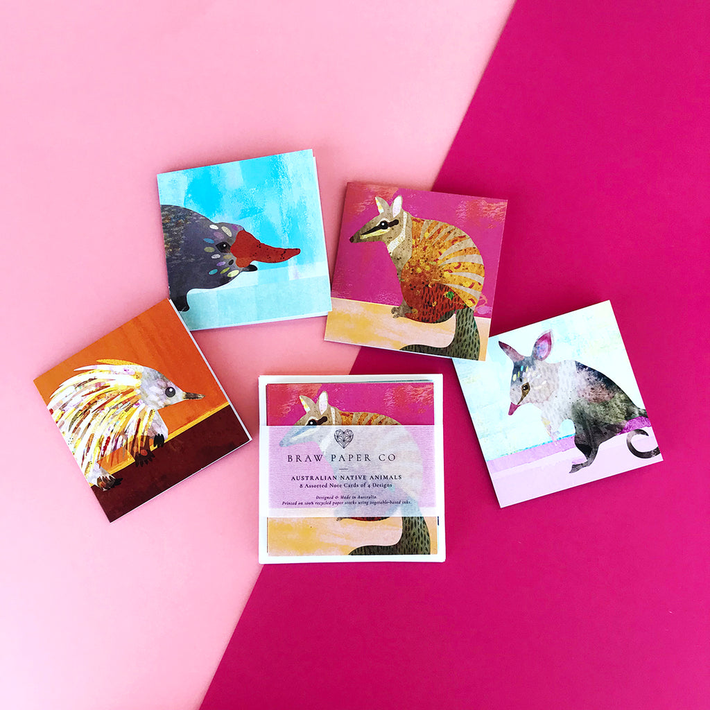 Braw Paper Co. Mini Card Set of 8 Native Animals, Earth Friendly Cards, Australian Made Stationery, Cards ,Mini Card, Note Card, Social Stationery, Colourful Cards, Animal Cards, Australiana