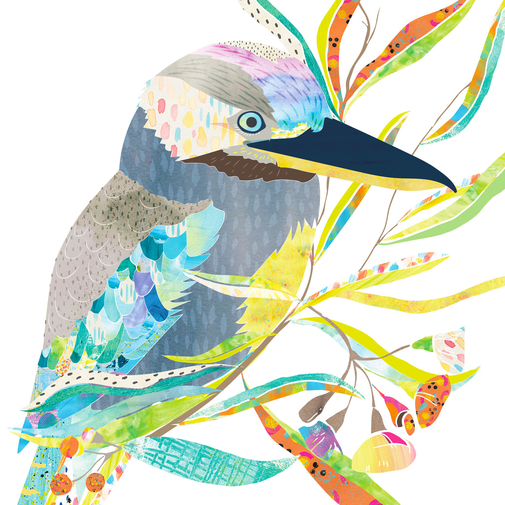 White square mini card with a grey, blue-winged Kookaburra on a branch illustration. 