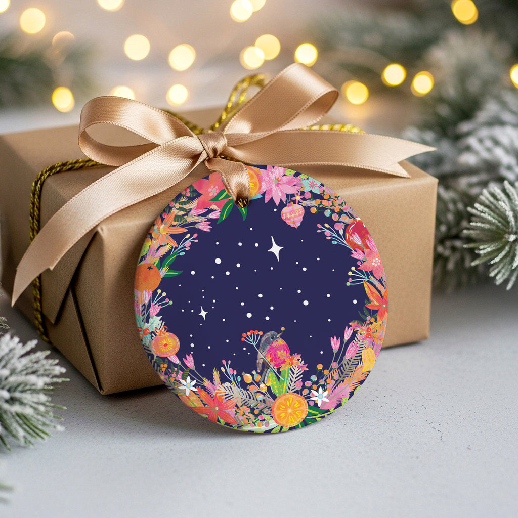 Rotkehlchen &amp; Kranz - Keramikornament