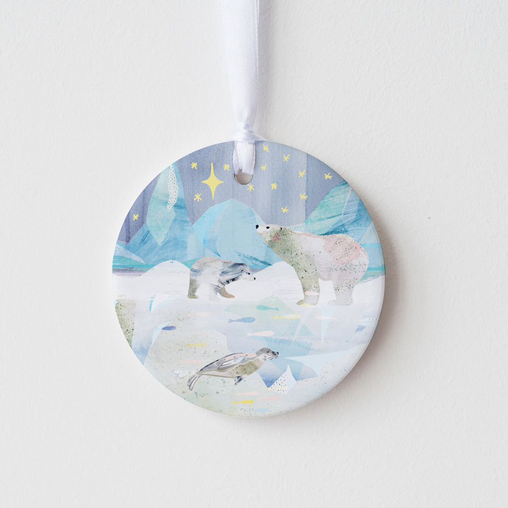 Star Gazing Polar Bears Ceramic Ornament - Seconds