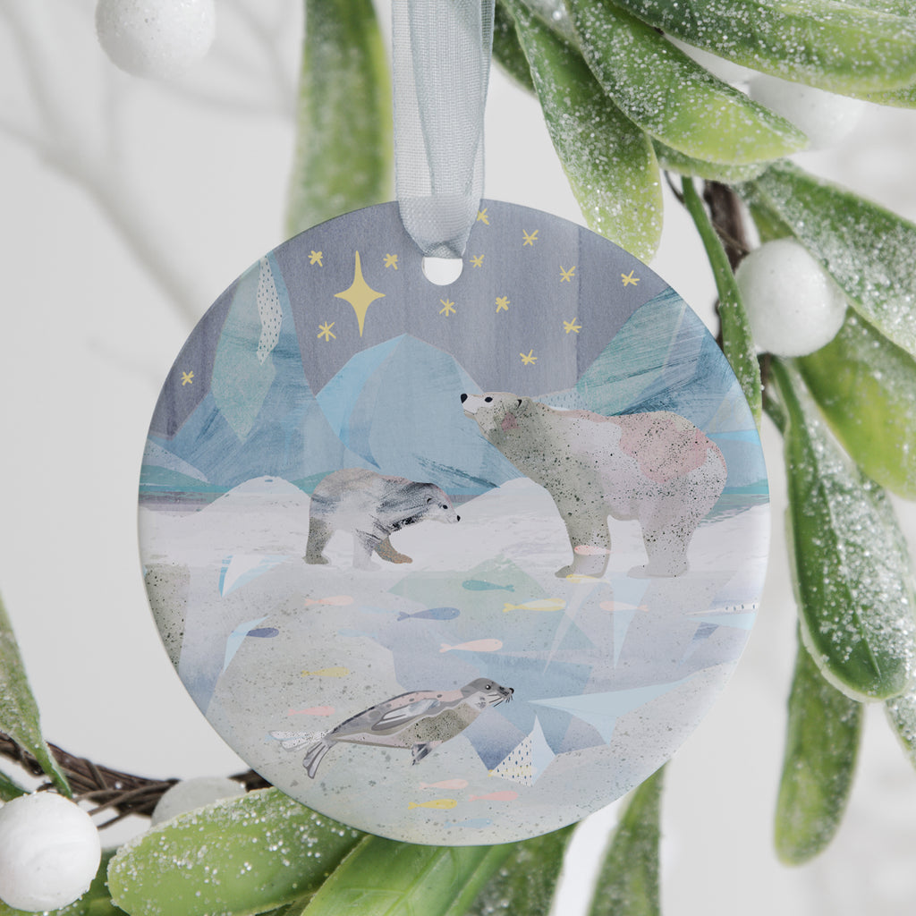 Star Gazing Polar Bears Ceramic Ornament - Seconds