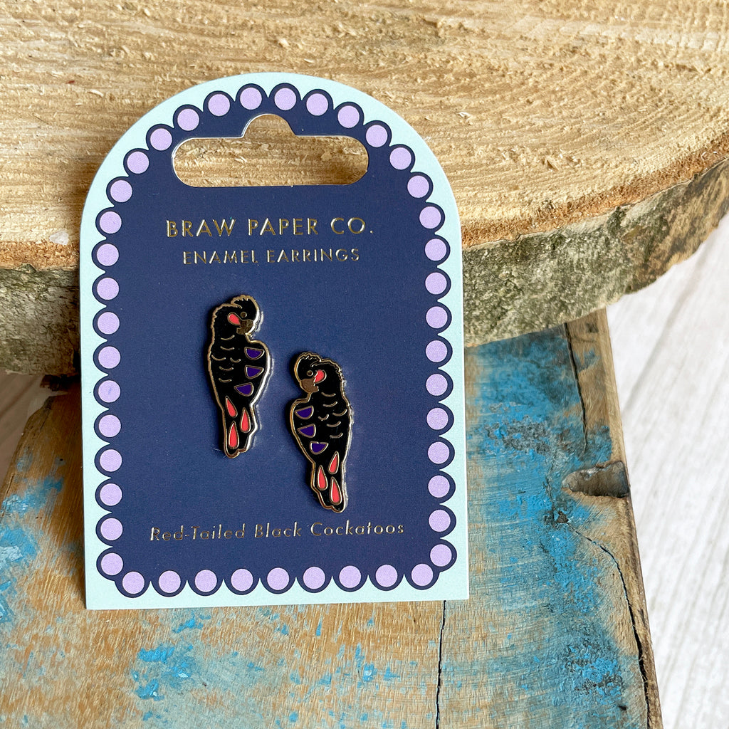 Red-tailed black Cockatoo Enamel Stud Earrings - Preorder