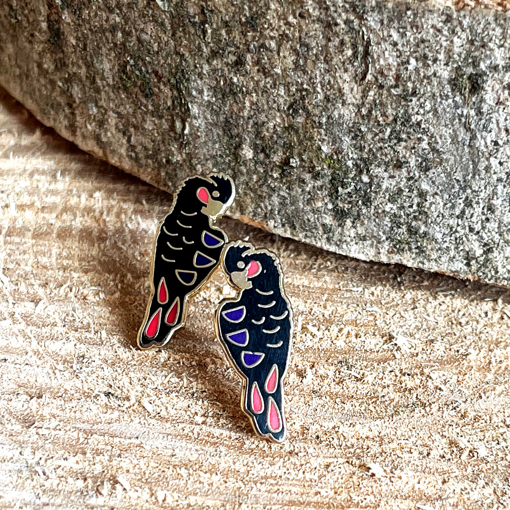Red-tailed black Cockatoo Enamel Stud Earrings - Preorder