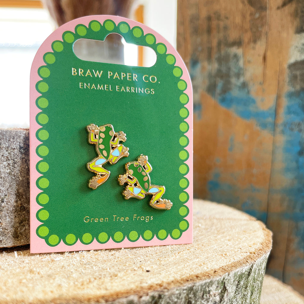 Green Tree Frog Enamel Stud Earrings - Preorder
