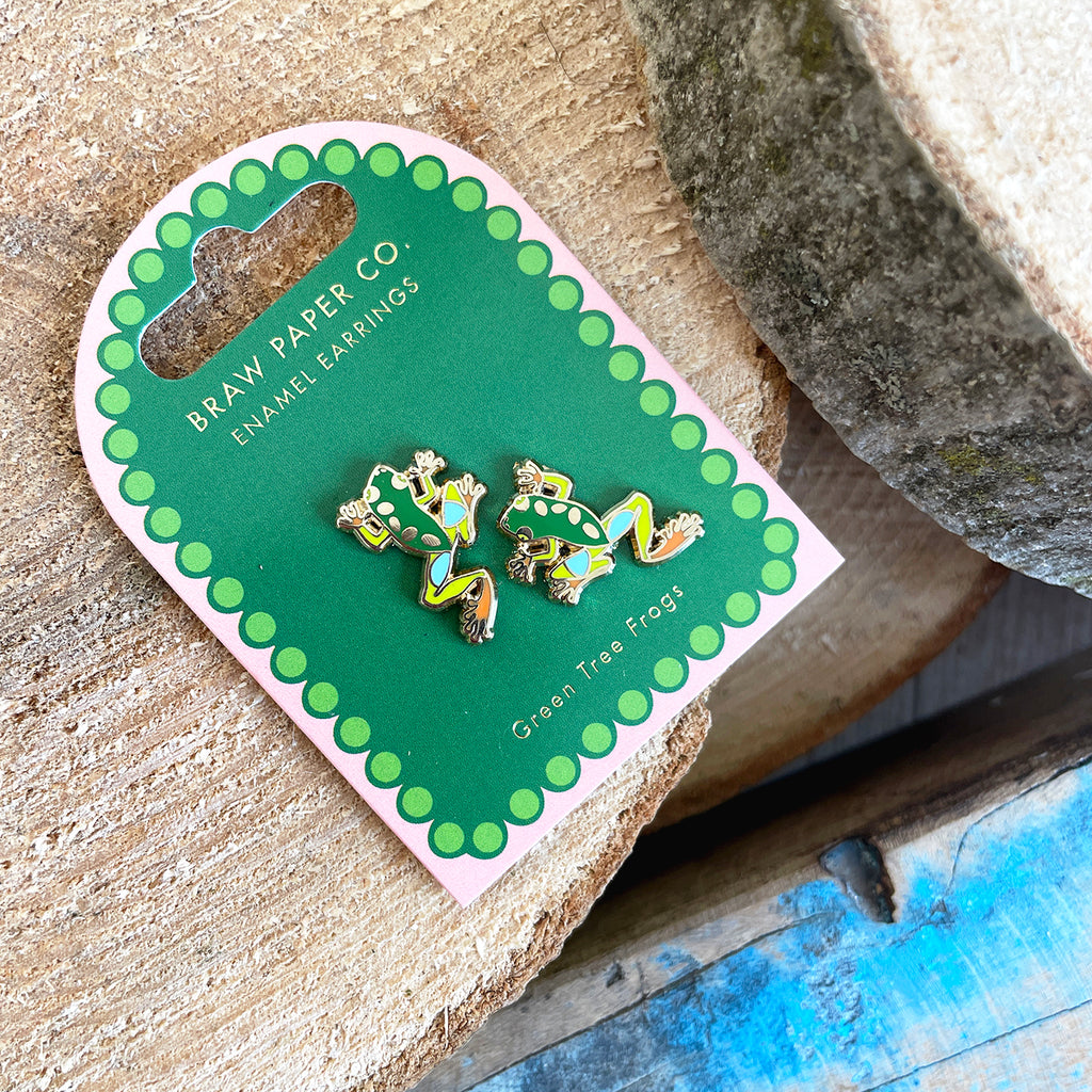 Green Tree Frog Enamel Stud Earrings - Preorder
