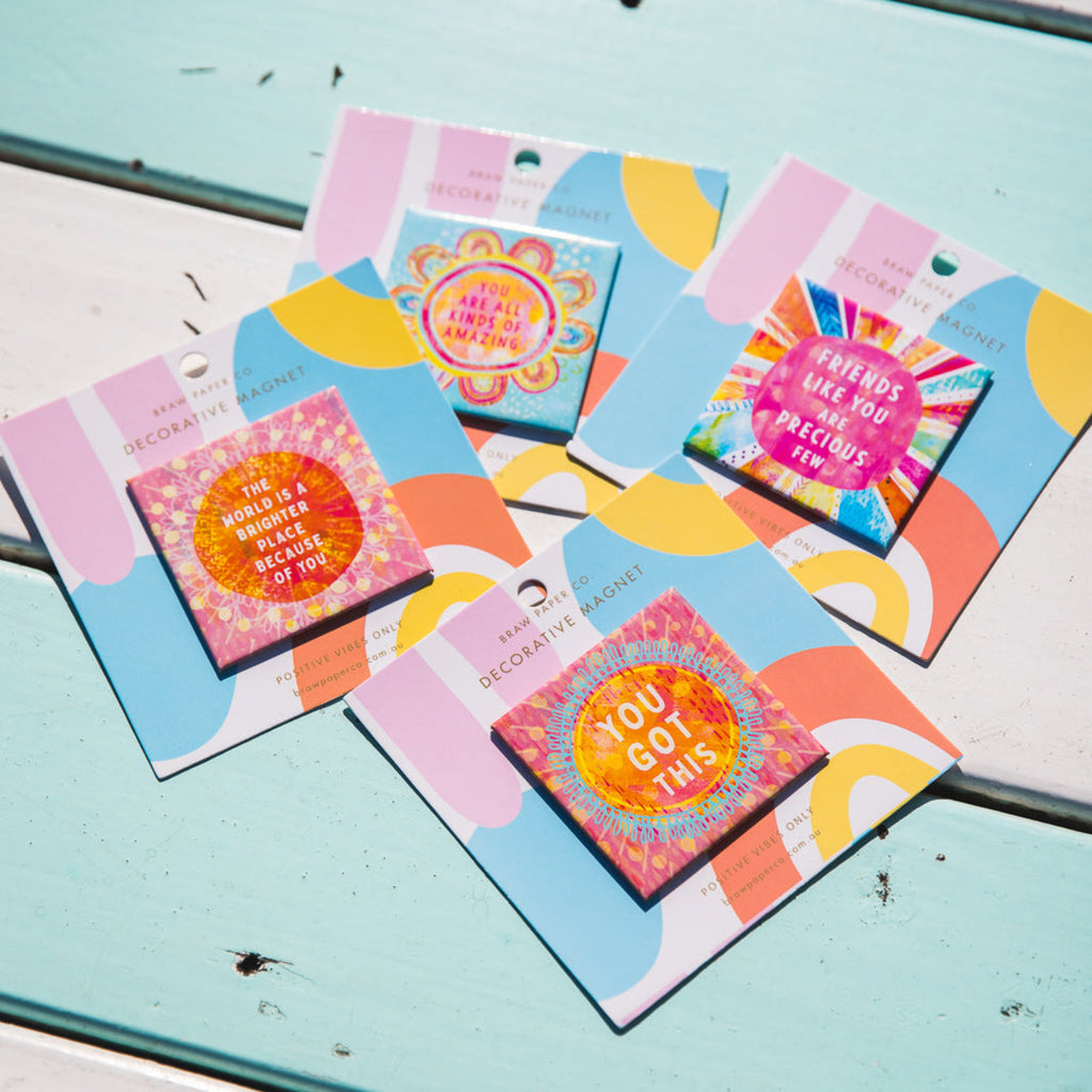 Decorative, colourfully illustrated fridge magnets with positive affirmations