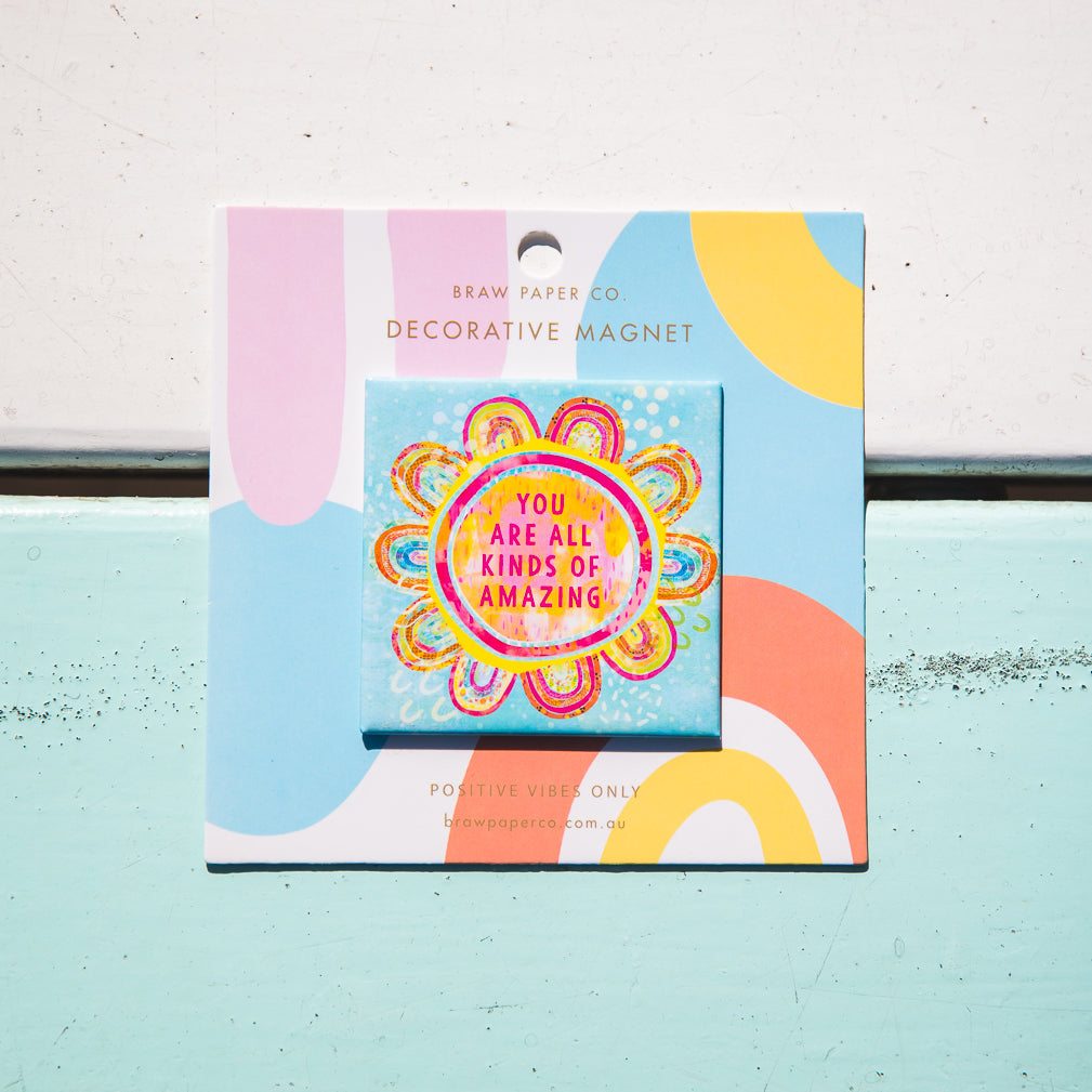Decorative magnet packaging with colourful design and positive affirmation