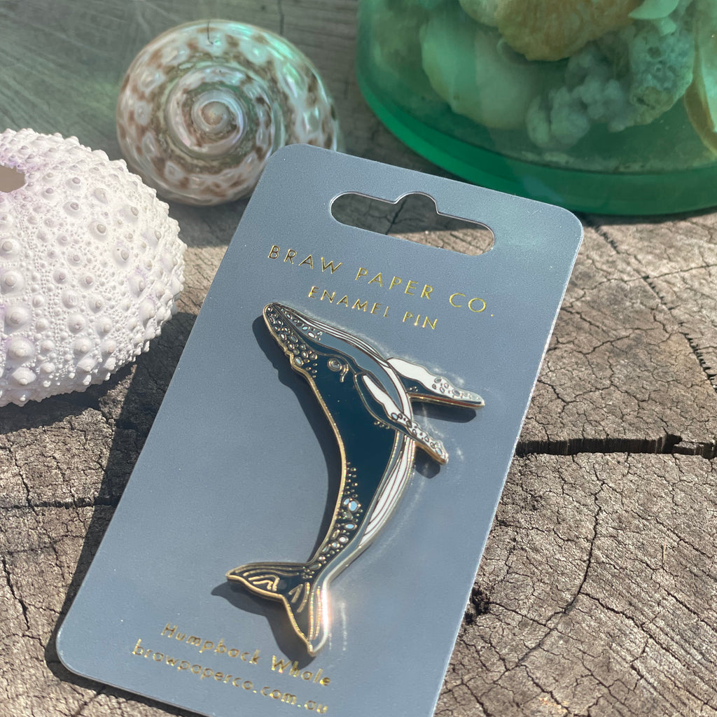 Breaching Humpback Whale enamel pin with tones of blue and intricate details