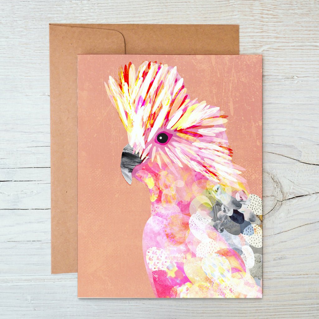 A6 Notecard with a pink, white and grey Galah bird illustration on peach colour background.