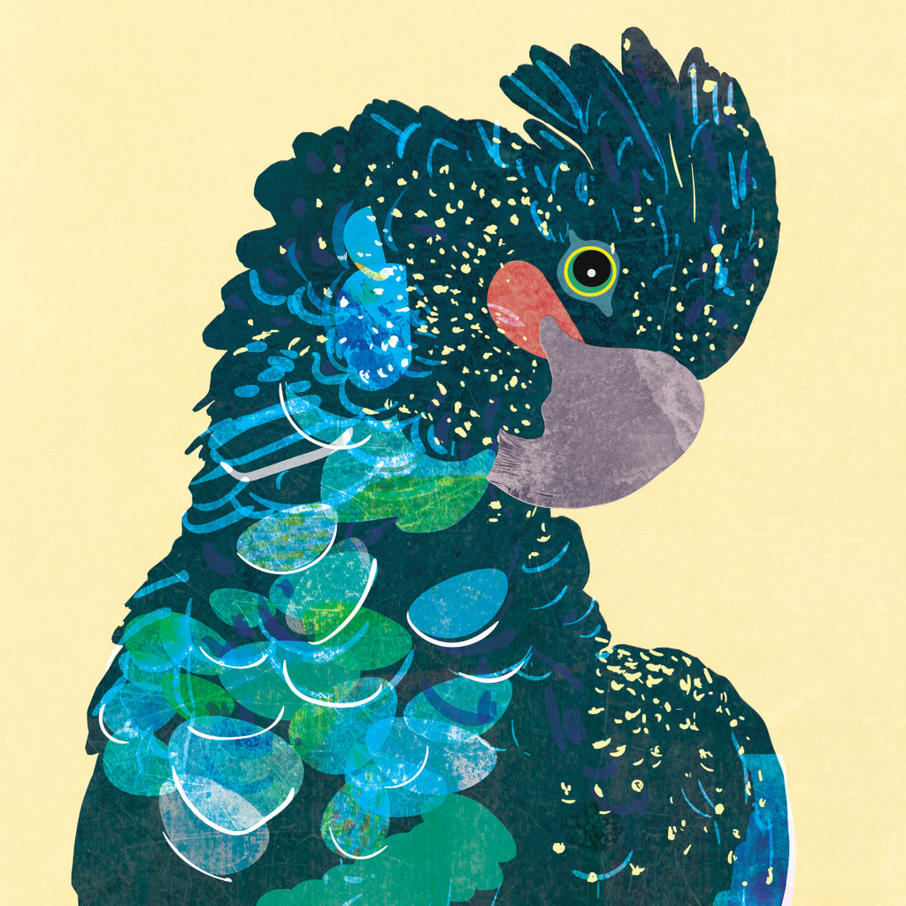 Illustration art print with a red-tailed black cockatoo on yellow background. 