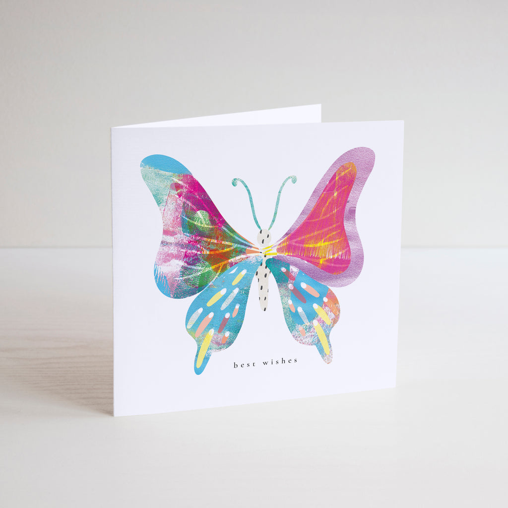Square, best wishes, greetings card with a big blue, pink and yellow butterfly illustration.