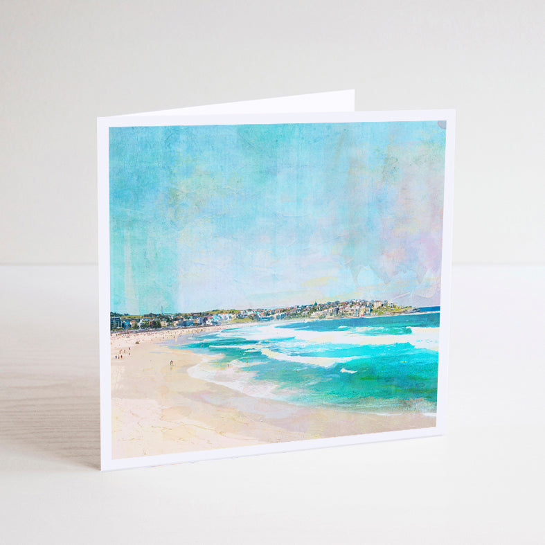 Square Notecard with illustration of Bondi Beach in Sydney showing waves and houses on a hill in the background.