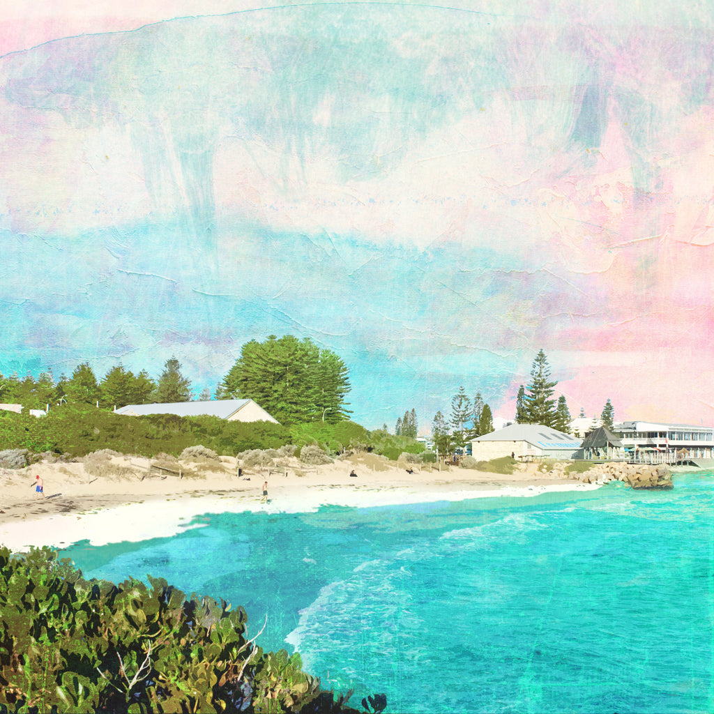 Illustration art print of Bather's Beach in Western Australia with turquoise water, sand dunes, buildings and trees