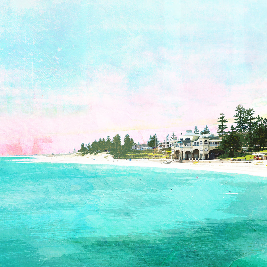 Square notecard with illustration of Cottesloe Beach and the Indiana teahouse surrounded by trees during sunset.