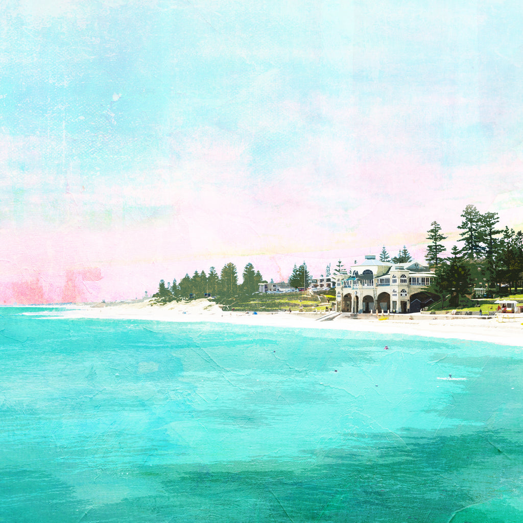 Illustration art print of Cottesloe Beach and the Indiana teahouse surrounded by trees during sunset.