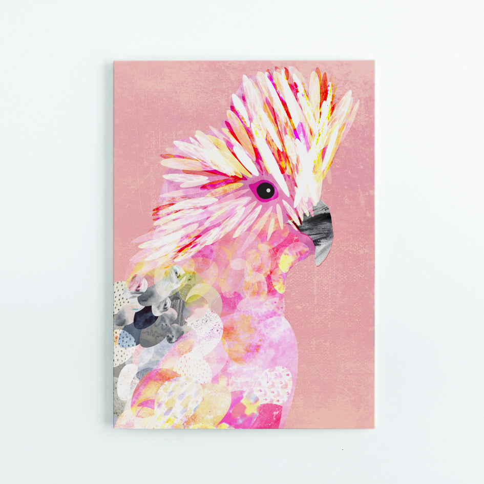 A5 Journal with illustration of a pink, white and grey Galah bird illustration on light pink background.