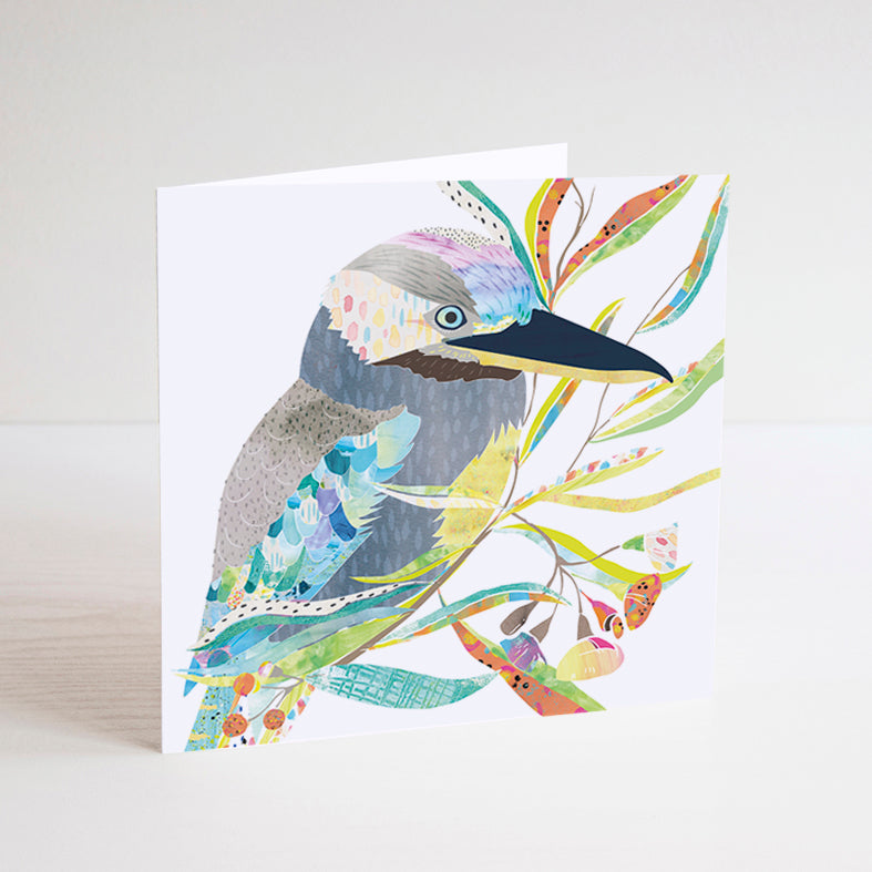 White square mini card with a grey, blue-winged kookaburra bird on a branch illustration.