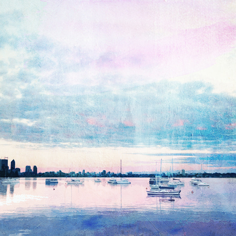Illustration art print of Matilda Bay at dusk, sailing boats on Swan River and Perth city skyline in the background. 