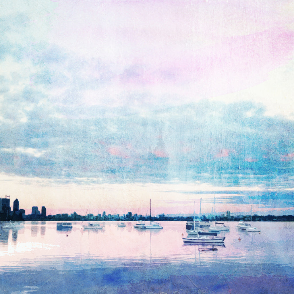 A5 Journal with illustration of Matilda Bay at dusk, sailing boats on Swan River and Perth city skyline in the background. 