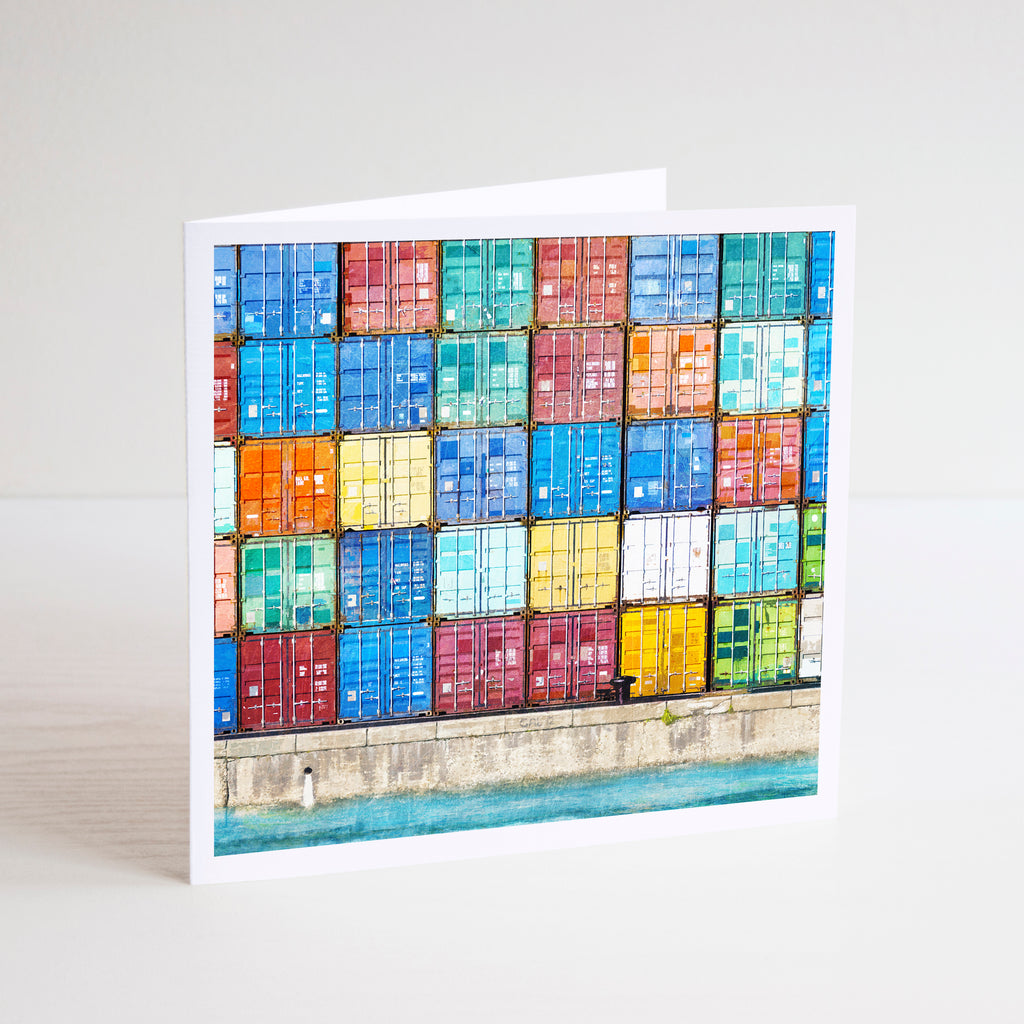 Square notecard with illustration of colourful shipping containers at Fremantle Harbour stacked on top of each other.