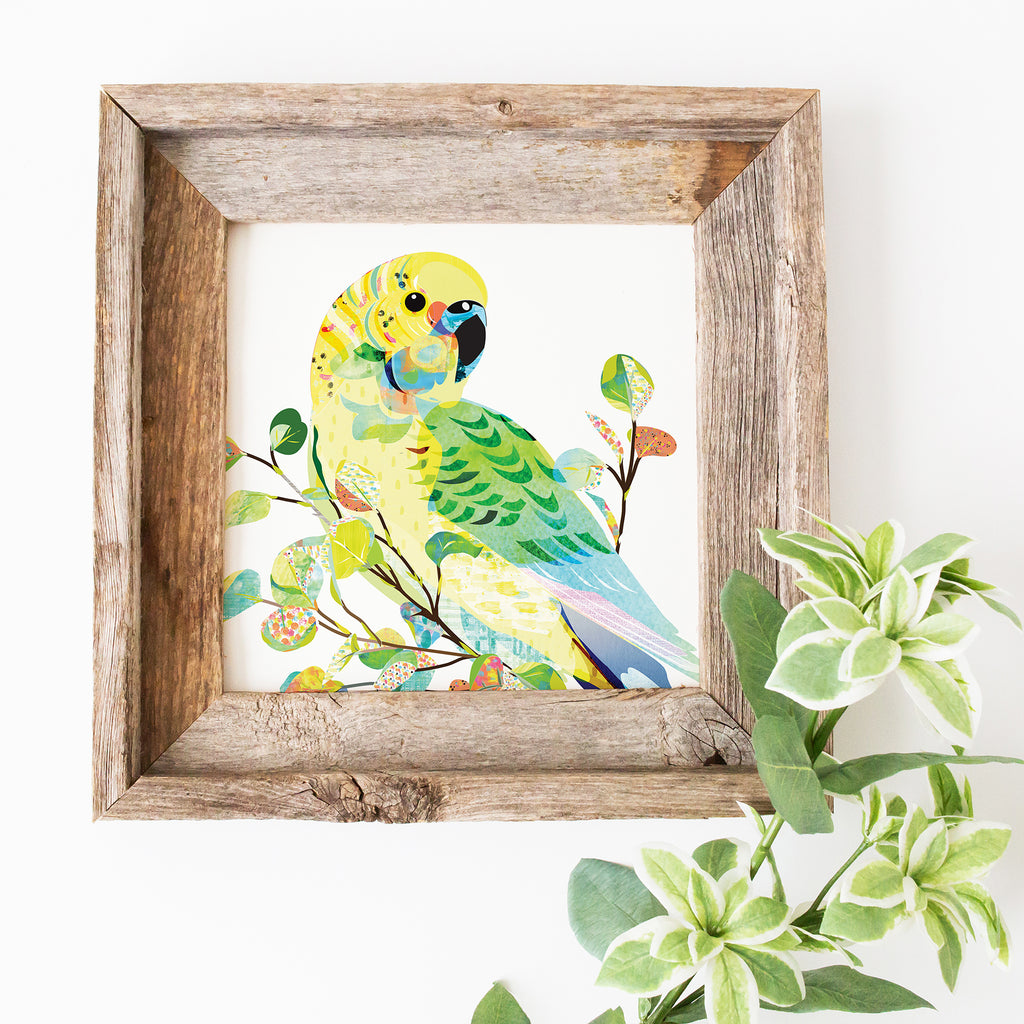 Illustration art print with a green and yellow Budgerigar bird on a branch with colourful leaves.