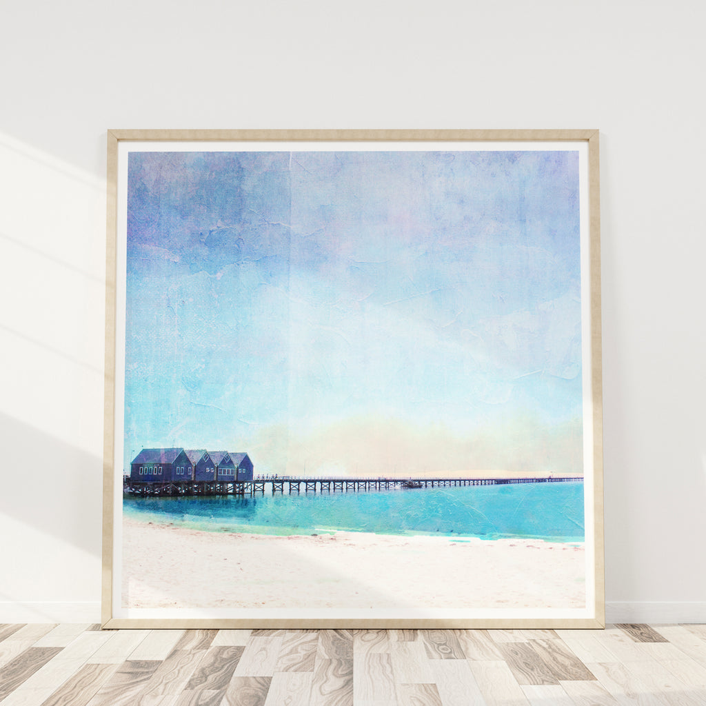 Illustration art print of Busselton Jetty which consists of 4 boathouses on a 1.8km timber jetty over the ocean.