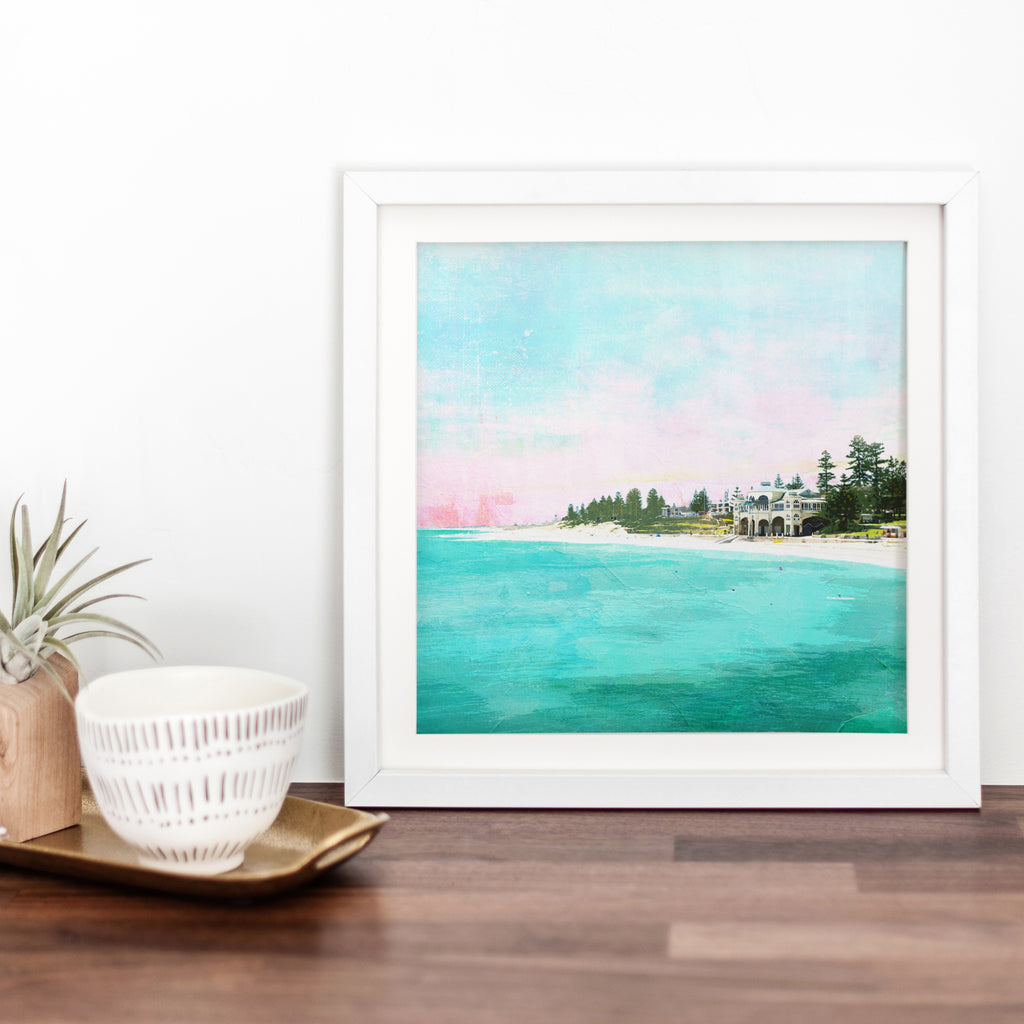 Illustration art print of Cottesloe Beach and the Indiana teahouse surrounded by trees during sunset 