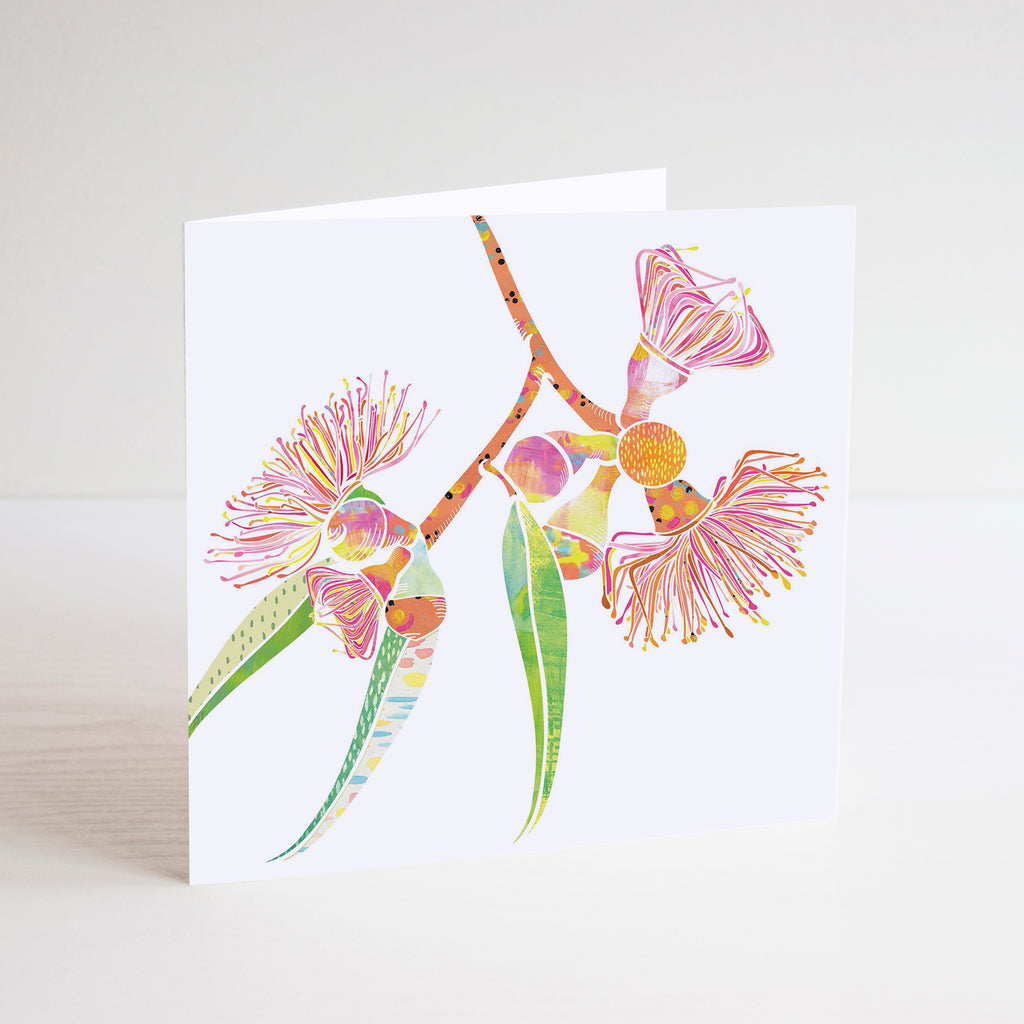 White, square mini card with pink, yellow, orange and green gum blossom flower illustration.
