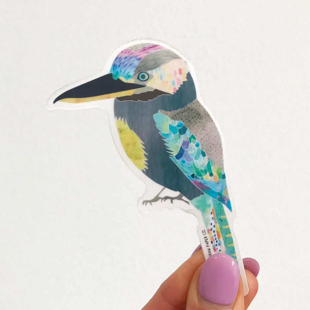 Kookaburra vinyl sticker, native bird sticker, removable, bright coloured kookaburra sticker, blue, green, yellow with grey