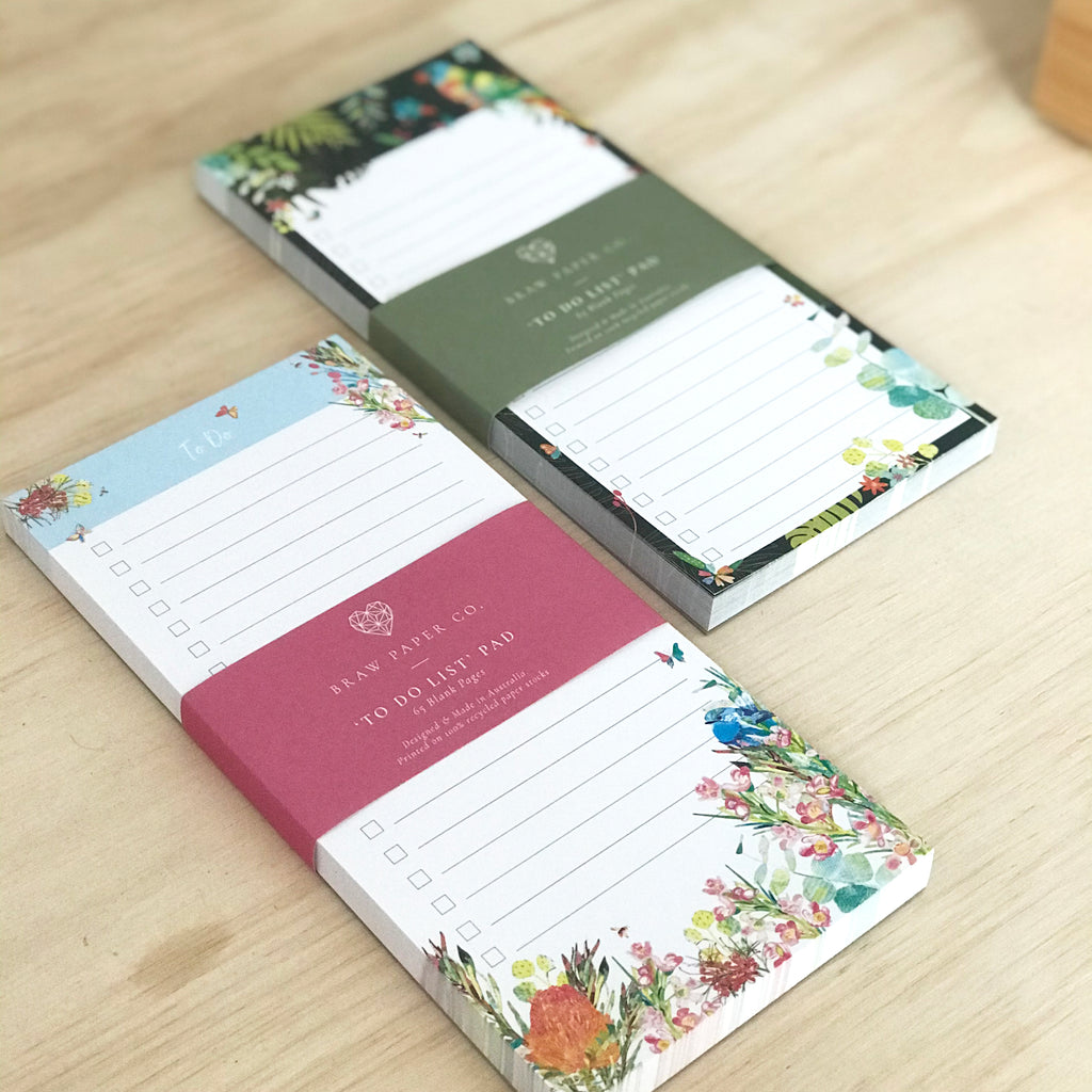 Two to do list pads next to each other with Australian native fauna and flora illustration.