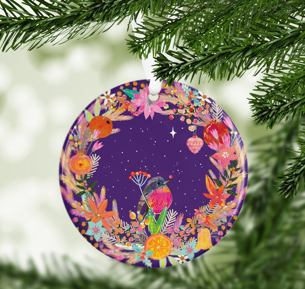 Robin & Wreath - Ceramic Christmas Decoration - Braw Paper Co