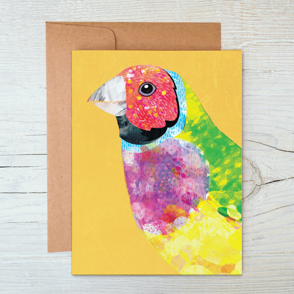 A6 Notecard with a pink, green, yellow, red and black Gouldian Finch bird illustration on yellow background.