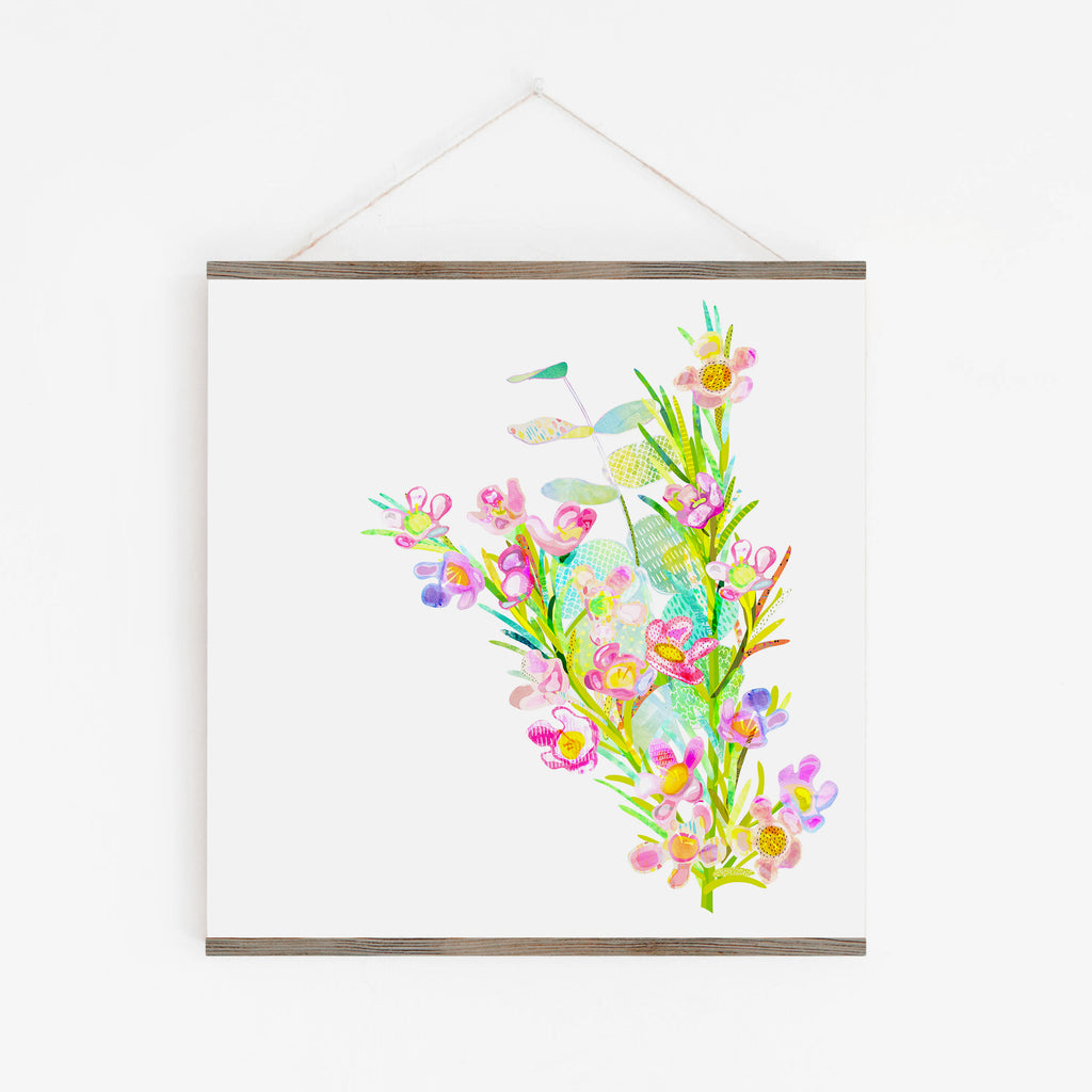Illustration art print of a pink, purple, yellow and green Geraldton wax flower.