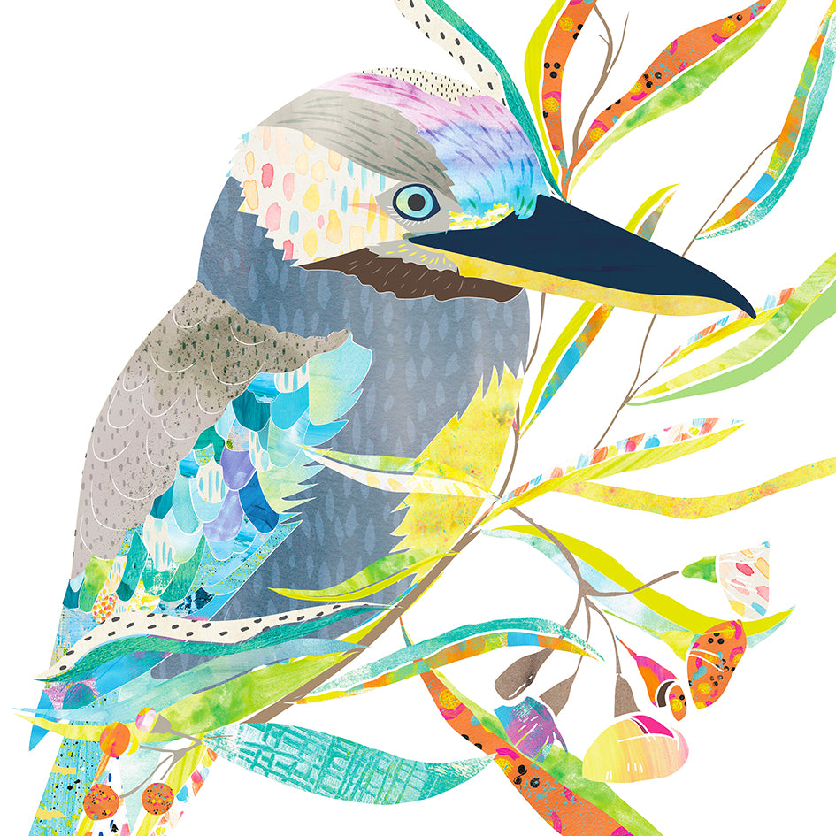 Illustration art print with a grey, blue-winged kookaburra bird on a branch with colourful leaves. 